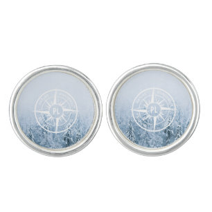 Compass star emblem monogram winter spruce forest cufflinks