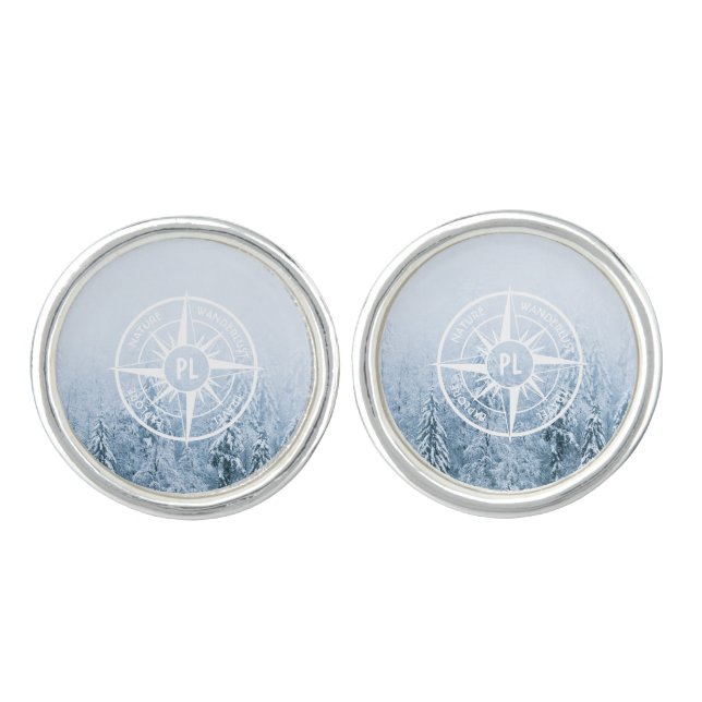 Compass star emblem monogram winter spruce forest cufflinks (Front)