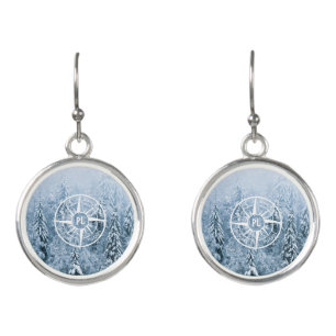 Compass star emblem monogram winter spruce forest earrings