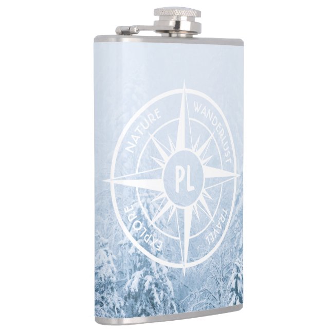 Compass star emblem monogram winter spruce forest flask (Right)