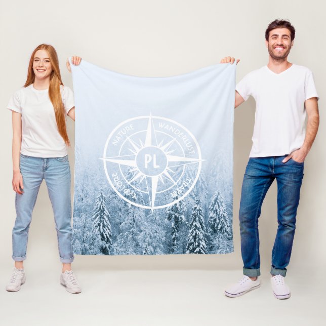 Compass star emblem monogram winter spruce forest fleece blanket (In Situ)