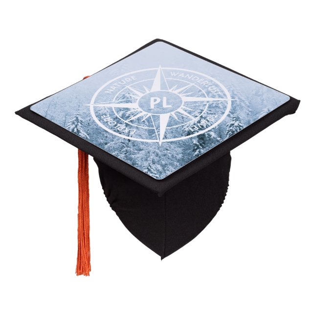 Compass star emblem monogram winter spruce forest graduation cap topper (Angled)