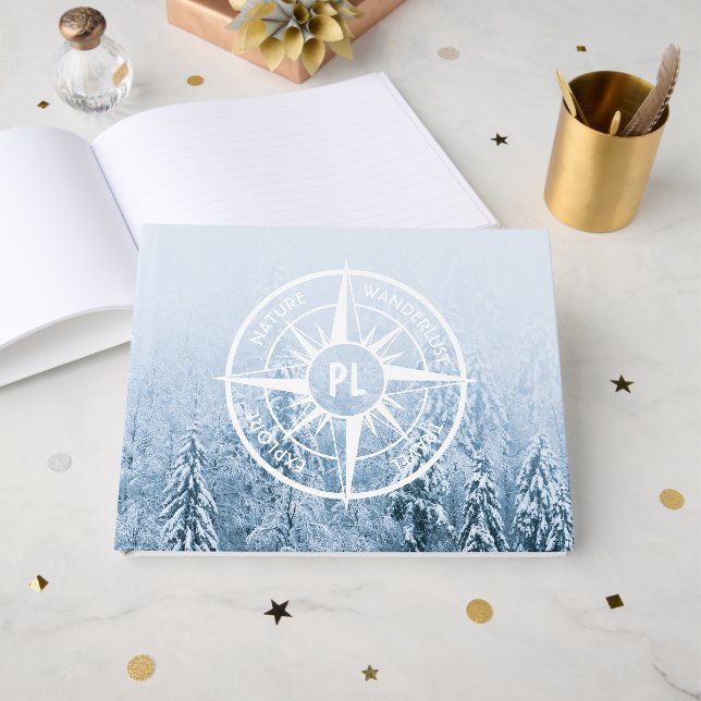 Compass star emblem monogram winter spruce forest guest book (Front Open)