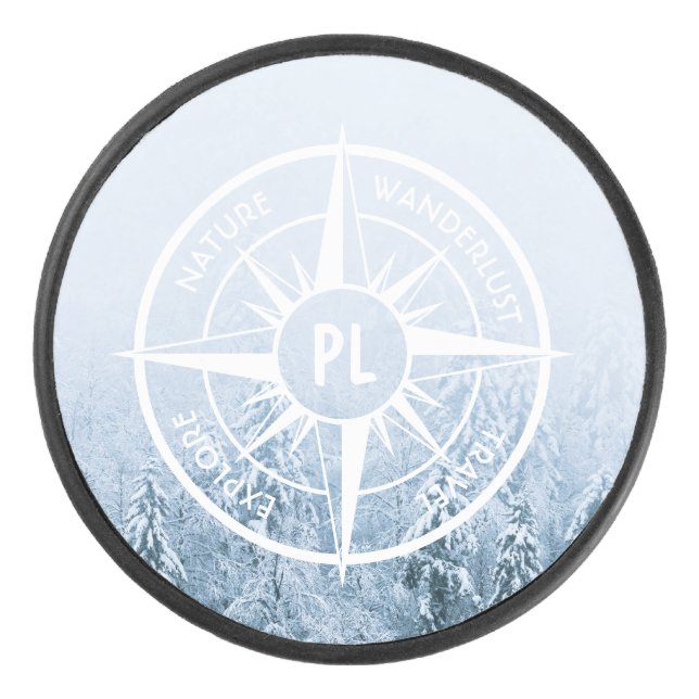 Compass star emblem monogram winter spruce forest hockey puck (Front)