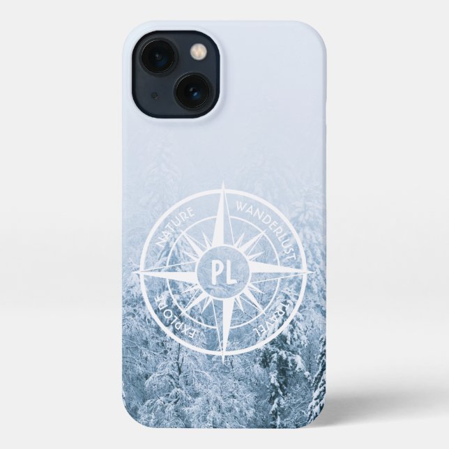 Compass star emblem monogram winter spruce forest iPhone case (Back)