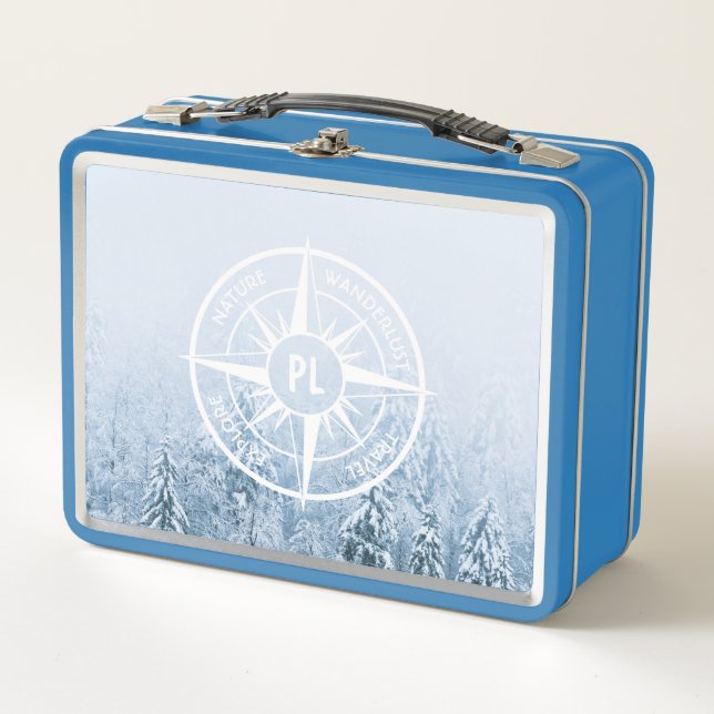 Compass star emblem monogram winter spruce forest metal lunch box (Front)