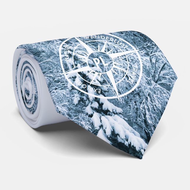 Compass star emblem monogram winter spruce forest neck tie (Rolled)