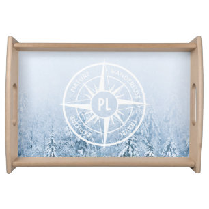 Compass star emblem monogram winter spruce forest serving tray