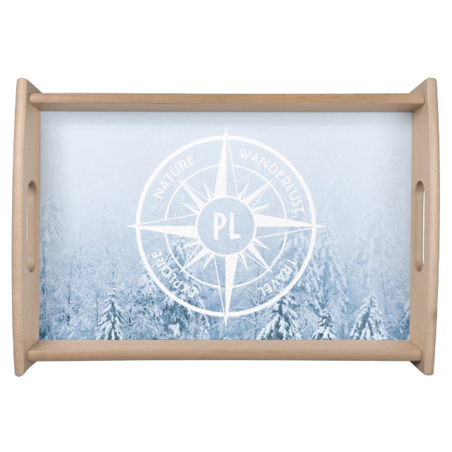 Compass star emblem monogram winter spruce forest serving tray (Front)