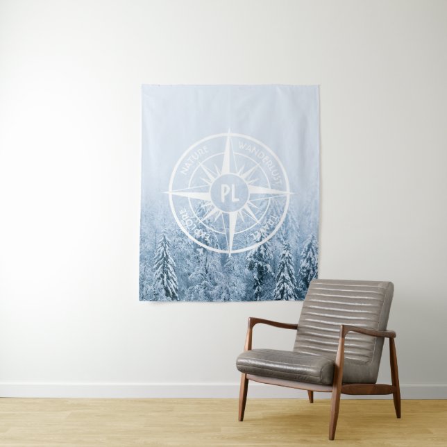 Compass star emblem monogram winter spruce forest tapestry (In Situ)