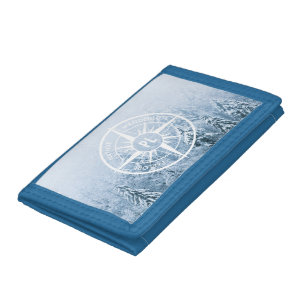 Compass star emblem monogram winter spruce forest trifold wallet
