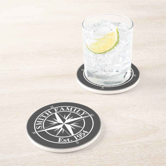 Compass star monogram personalizable emblem coaster (Side)