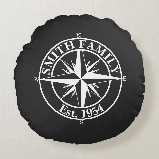 Compass star monogram personalizable emblem round pillow (Front)