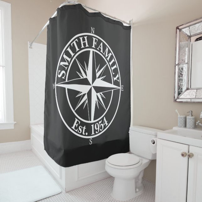 Compass star monogram personalizable emblem shower curtain (In Situ)