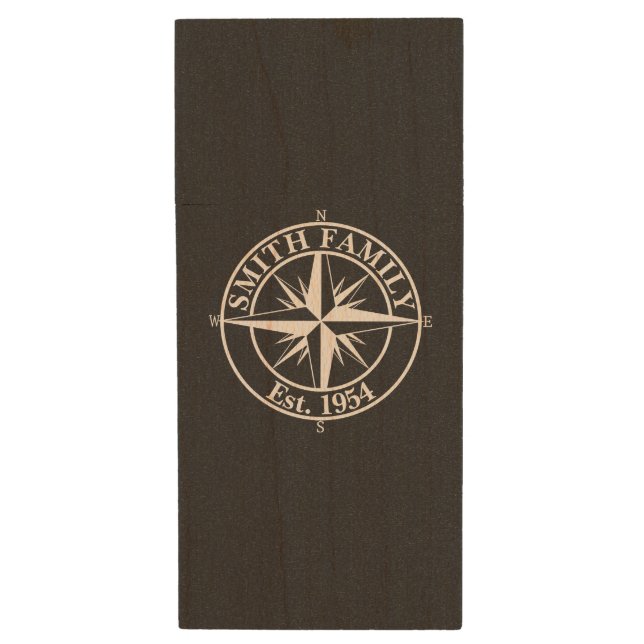 Compass star monogram personalizable emblem wood flash drive (Front Vertical)