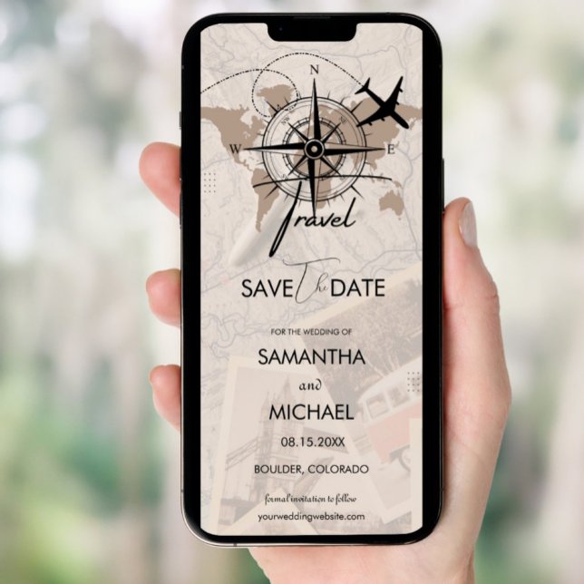 Compass Travel  Destination Brown Map Save the Dat Invitation (Creator Uploaded)