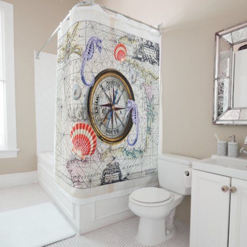 compass vintage map shower curtain