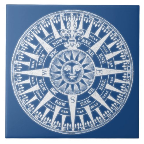 Compass Wind Rose Blue White Tile