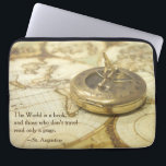 Compass World Travel Map Laptop Sleeve<br><div class="desc">A photographic image in warm tones of brown and gold showing an antique compass on a vintage world map sets the scene a travel themed gift. The design is completed by the quote from St. Augustine,  "The World is a book,  and those who don’t travel read only a page."</div>