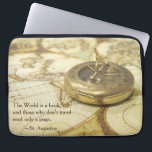 Compass World Travel Map Laptop Sleeve<br><div class="desc">A photographic image in warm tones of brown and gold showing an antique compass on a vintage world map sets the scene a travel themed gift. The design is completed by the quote from St. Augustine,  "The World is a book,  and those who don’t travel read only a page."</div>