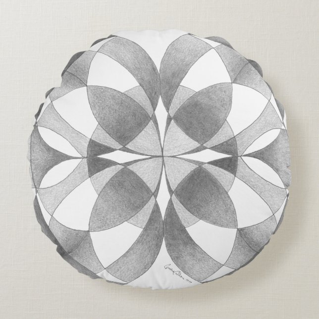 "Compassion & Balance" Mandala, Black, Gray, White Round Pillow (Front)