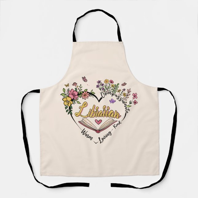 Compassionate Librarian – Floral Heart Design Apron (Front)