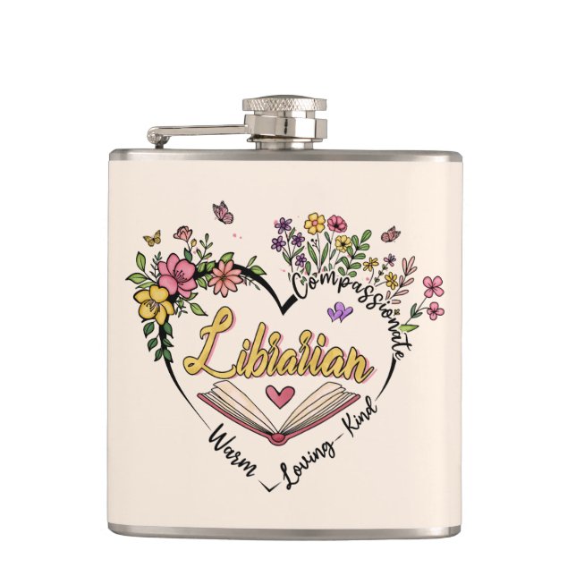 Compassionate Librarian – Floral Heart Design Flask (Front)