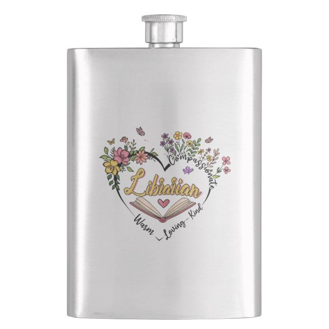 Compassionate Librarian – Floral Heart Design Flask (Front)