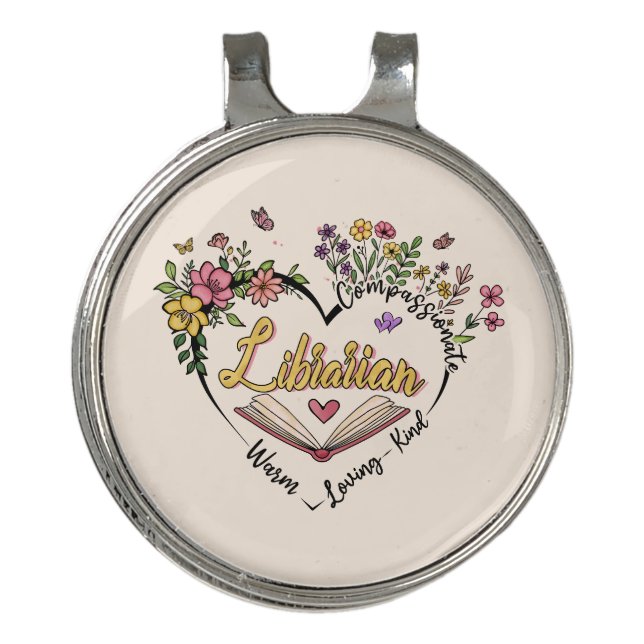 Compassionate Librarian – Floral Heart Design Golf Hat Clip (Front)