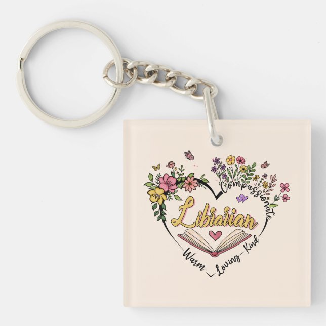 Compassionate Librarian – Floral Heart Design Keychain (Front)