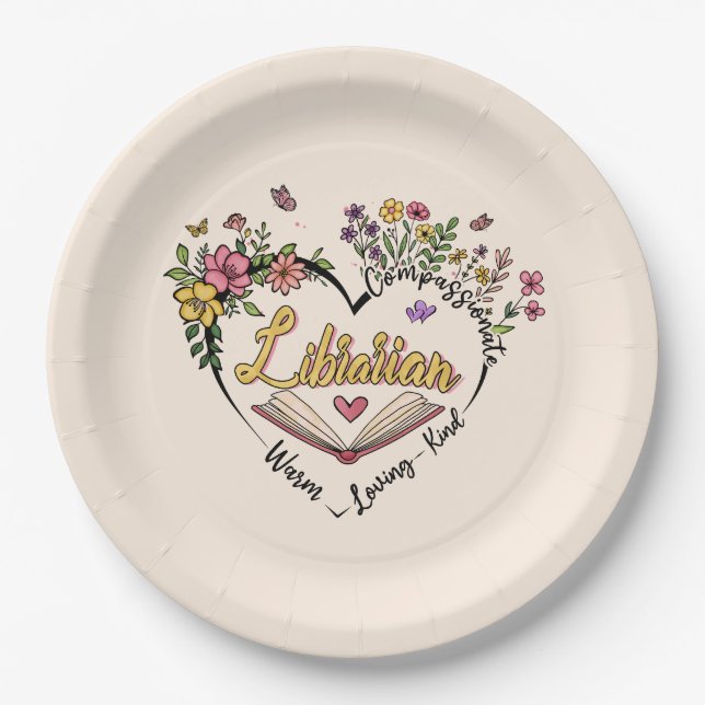 Compassionate Librarian – Floral Heart Design Paper Plates (Front)