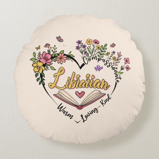 Compassionate Librarian – Floral Heart Design Round Pillow (Front)