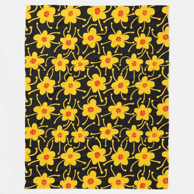Competing Flowers - Amber and Red on Black Fleece Blanket (Front)