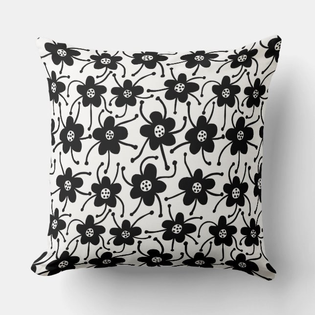 Competing Flowers - Black and White on White Throw Pillow (Front)