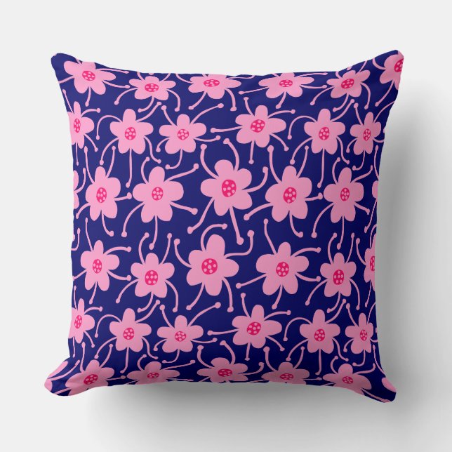 Competing Flowers - Neon Red and Pink on Deep Navy Throw Pillow (Front)