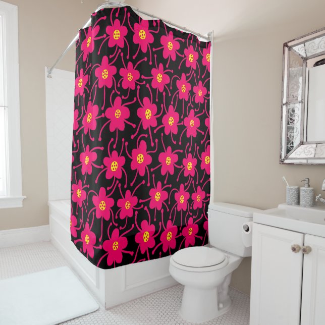 Competing Flowers - Neon Red and Yellow on Black Shower Curtain (In Situ)