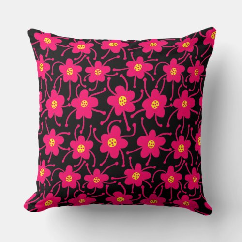 Competing Flowers _ Neon Red and Yellow on Black Throw Pillow