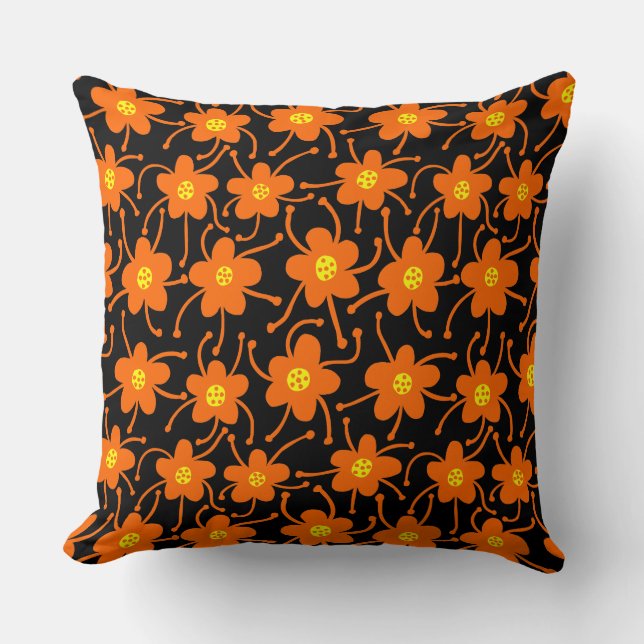Competing Flowers - Orange and Yellow on Black Throw Pillow (Front)