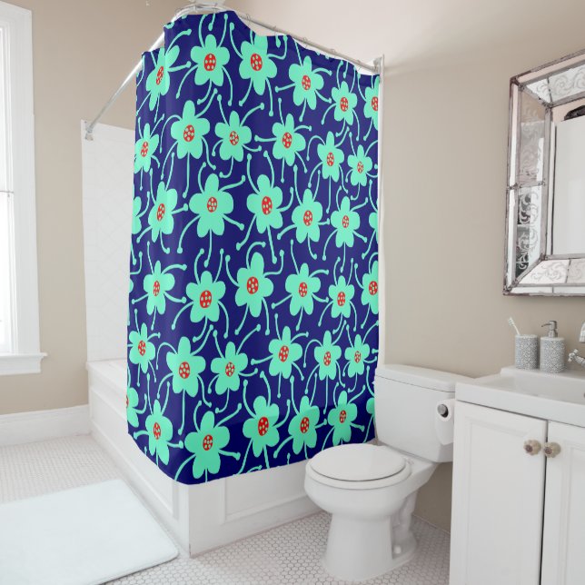 Competing Flowers - Turquoise and Red on Deep Navy Shower Curtain (In Situ)