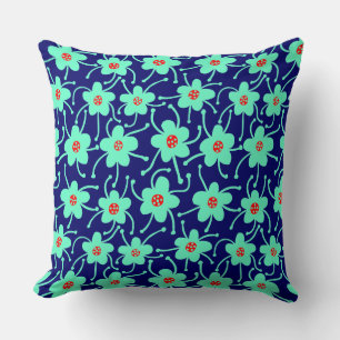 Competing Flowers - Turquoise and Red on Deep Navy Throw Pillow