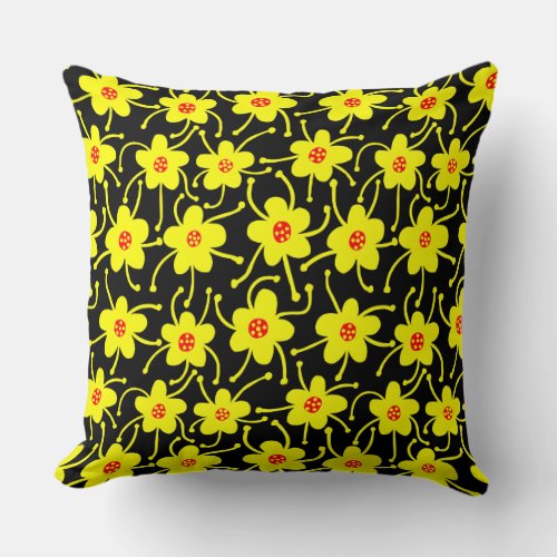 Competing Flowers _ Yellow and Red on Black Throw Pillow