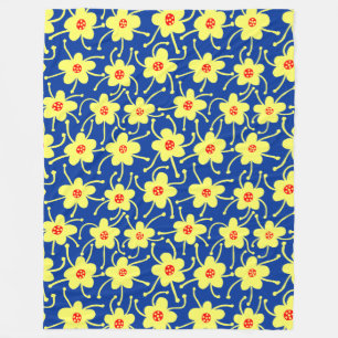 Competing Flowers - Yellow and Red on Navy Blue Fleece Blanket