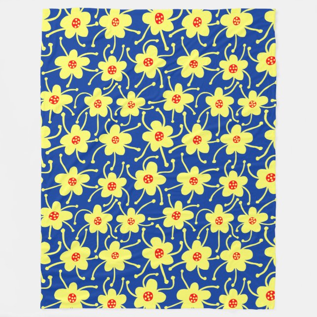 Competing Flowers - Yellow and Red on Navy Blue Fleece Blanket (Front)