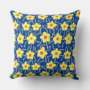 Competing Flowers - Yellow and Red on Navy Blue Throw Pillow