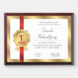 Competition Winner 1st Place Red Ribbon Gold Badge Award Plaque