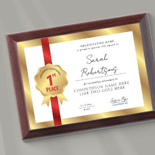 Competition Winner 1st Place Red Ribbon Gold Badge Award Plaque