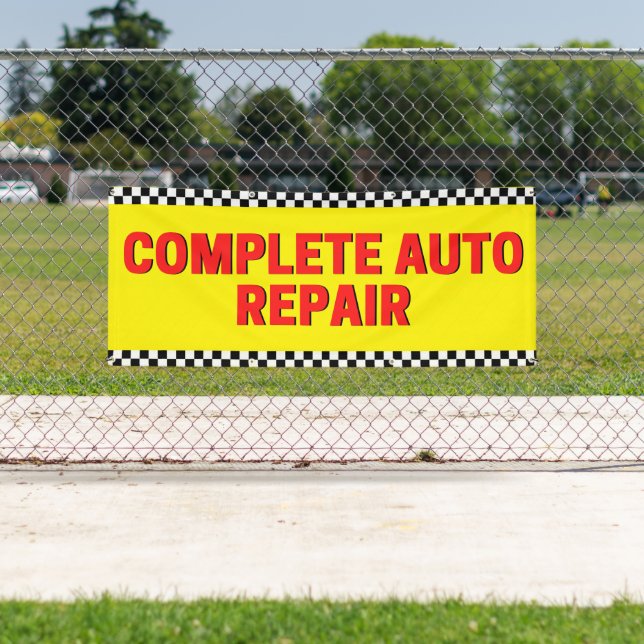 Complete Auto Repair Checkered Flag Large Yellow Banner (Insitu)