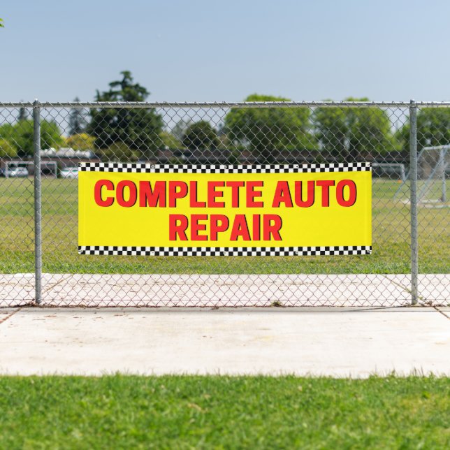 Complete Auto Repair Checkered Flag Large Yellow Banner (Insitu)