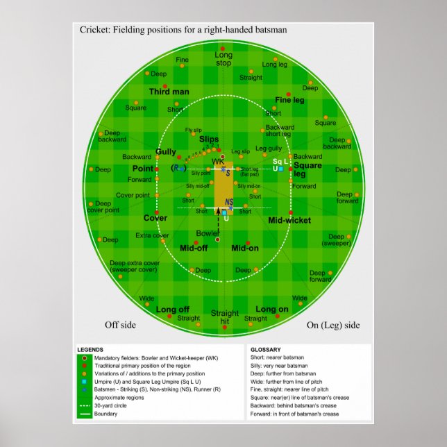 Complete Diagram of Cricket Fielding Positions Poster (Front)