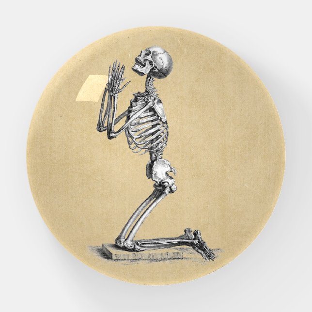 Complete Skeleton Kneeling in Prayer Paperweight (Front)
